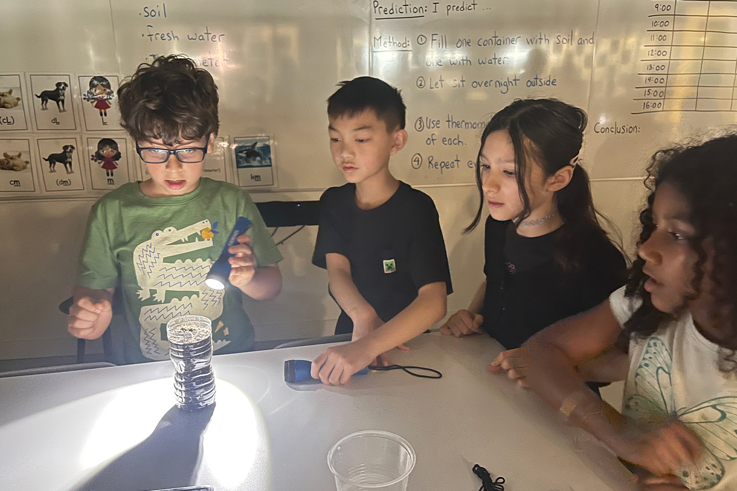 Students use a flashlight to illuminate their science experiment