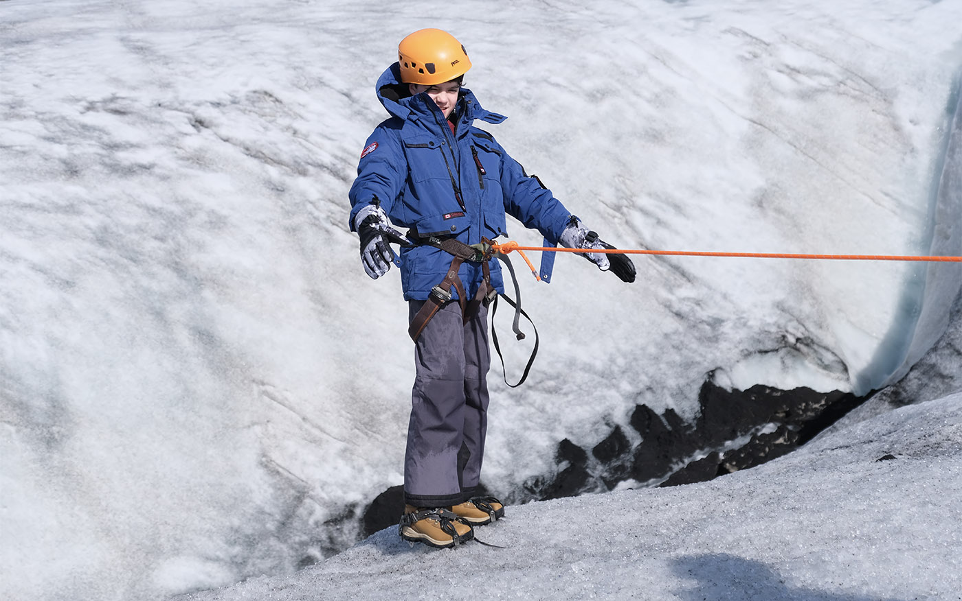 Student traversing the glacier in Iceland