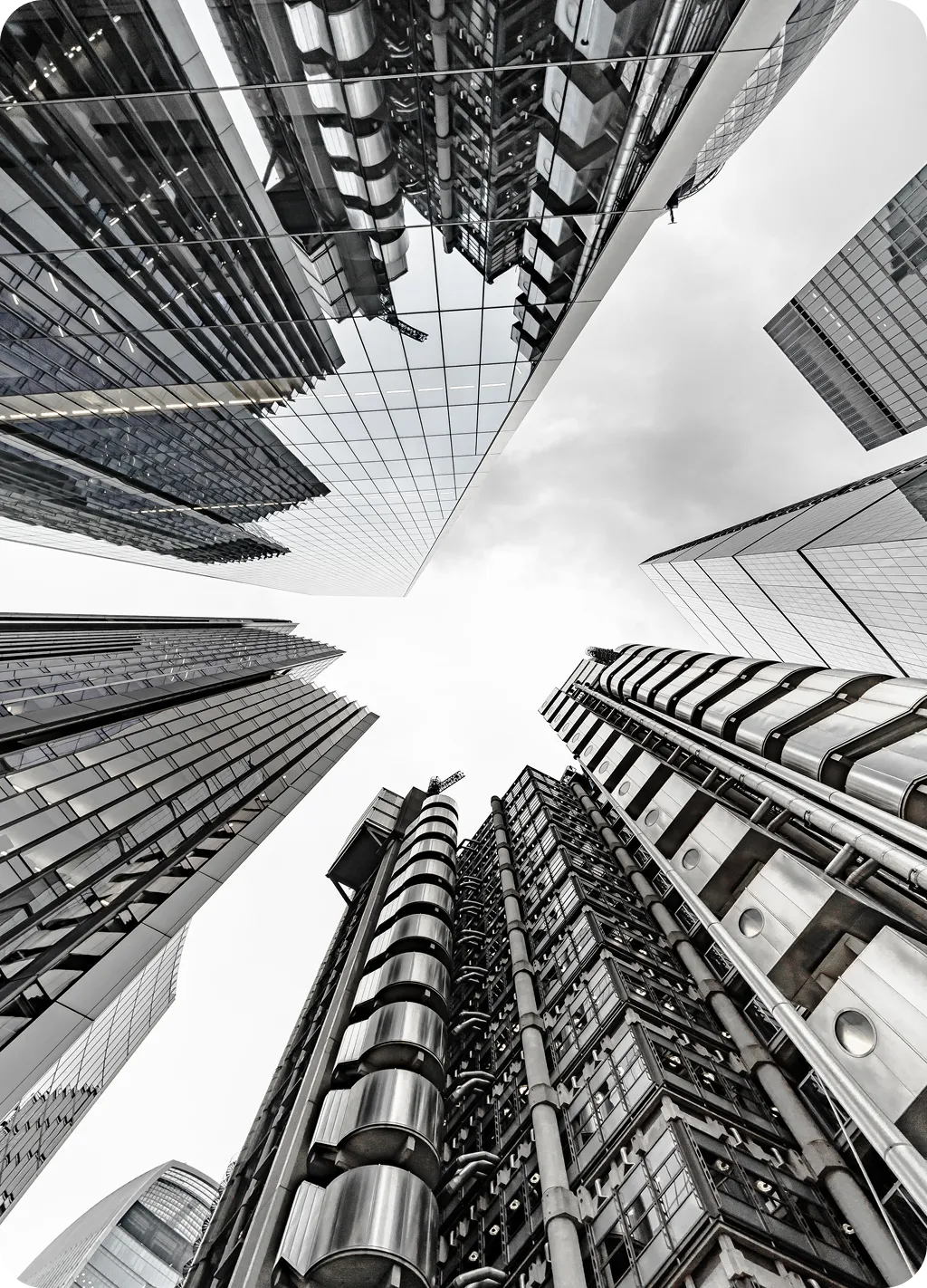 Upward view of modern skyscrapers in a downtown business district