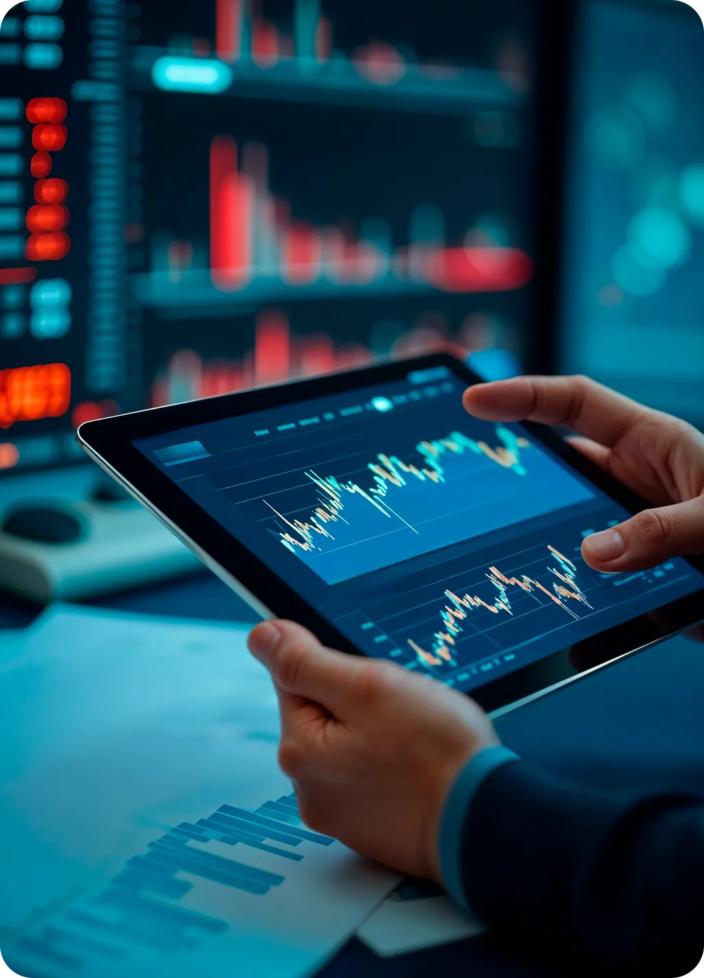 Business professional reviewing performance analytics on a digital tablet