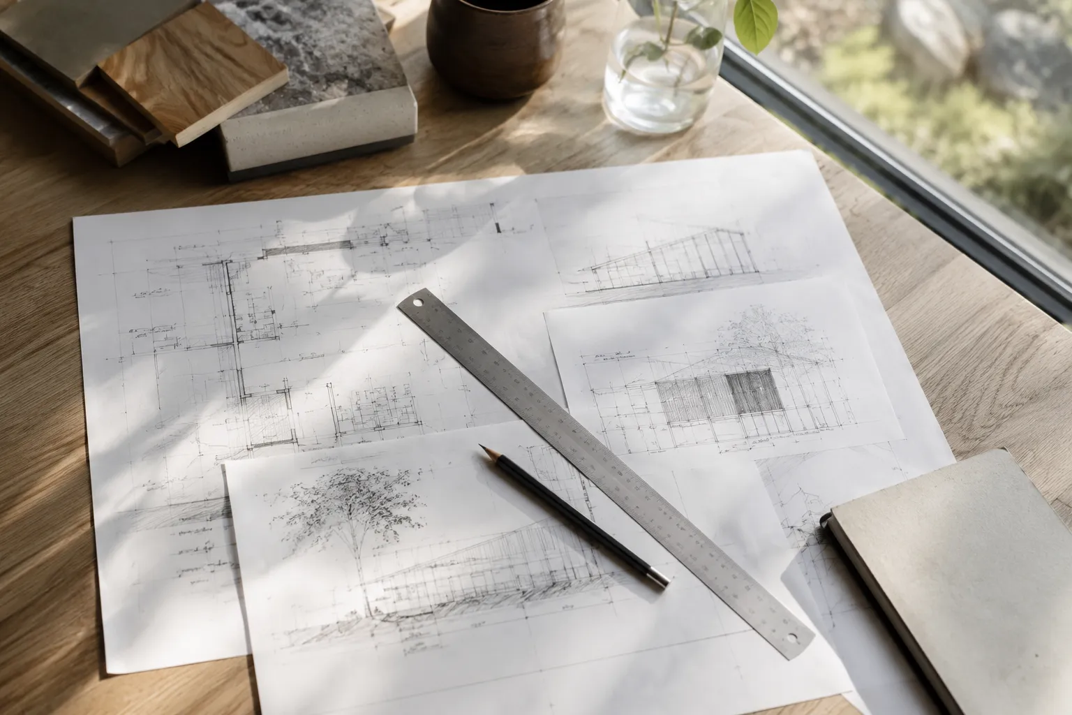 Arkitektens arbetsbord med ritningar, linjal och penna