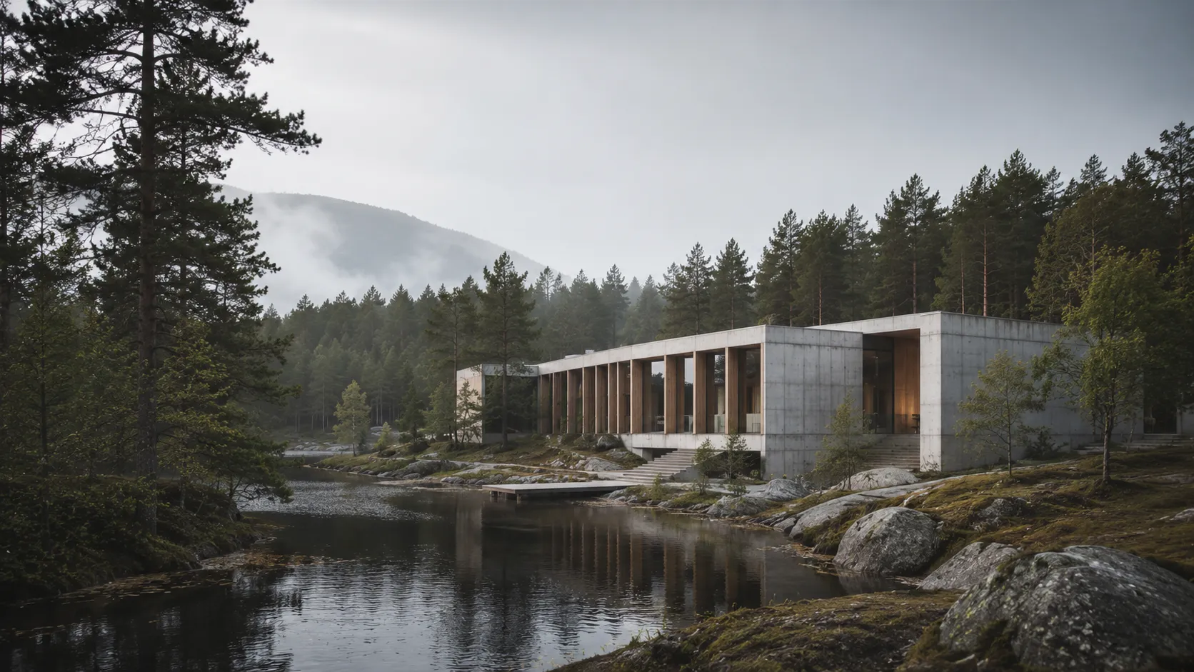 Lugnt sjölandskap med modern arkitektur