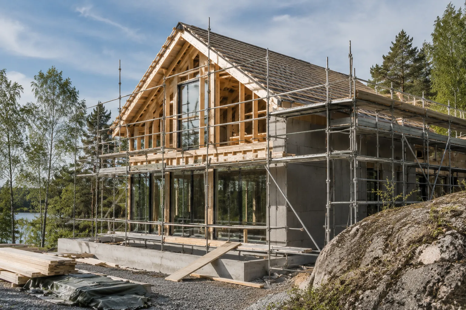 Husbygge vid sjön i naturen