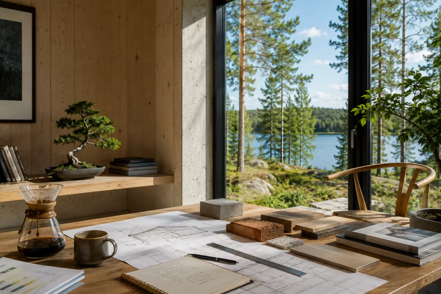 Ljust arbetsrum med sjöutsikt