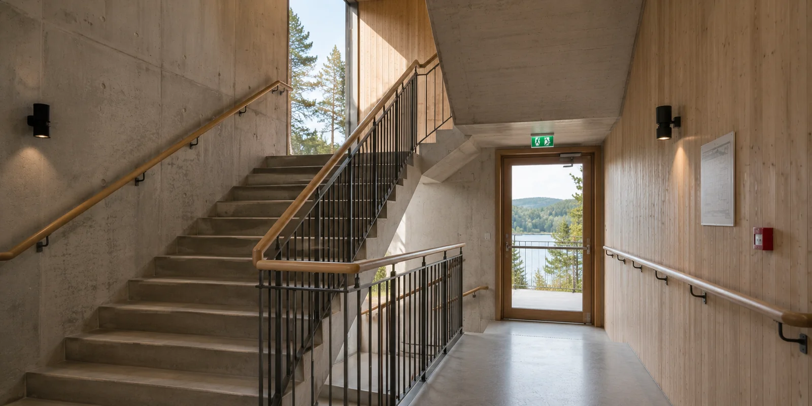 Trapphus i naturmaterial med nödutgångsskylt