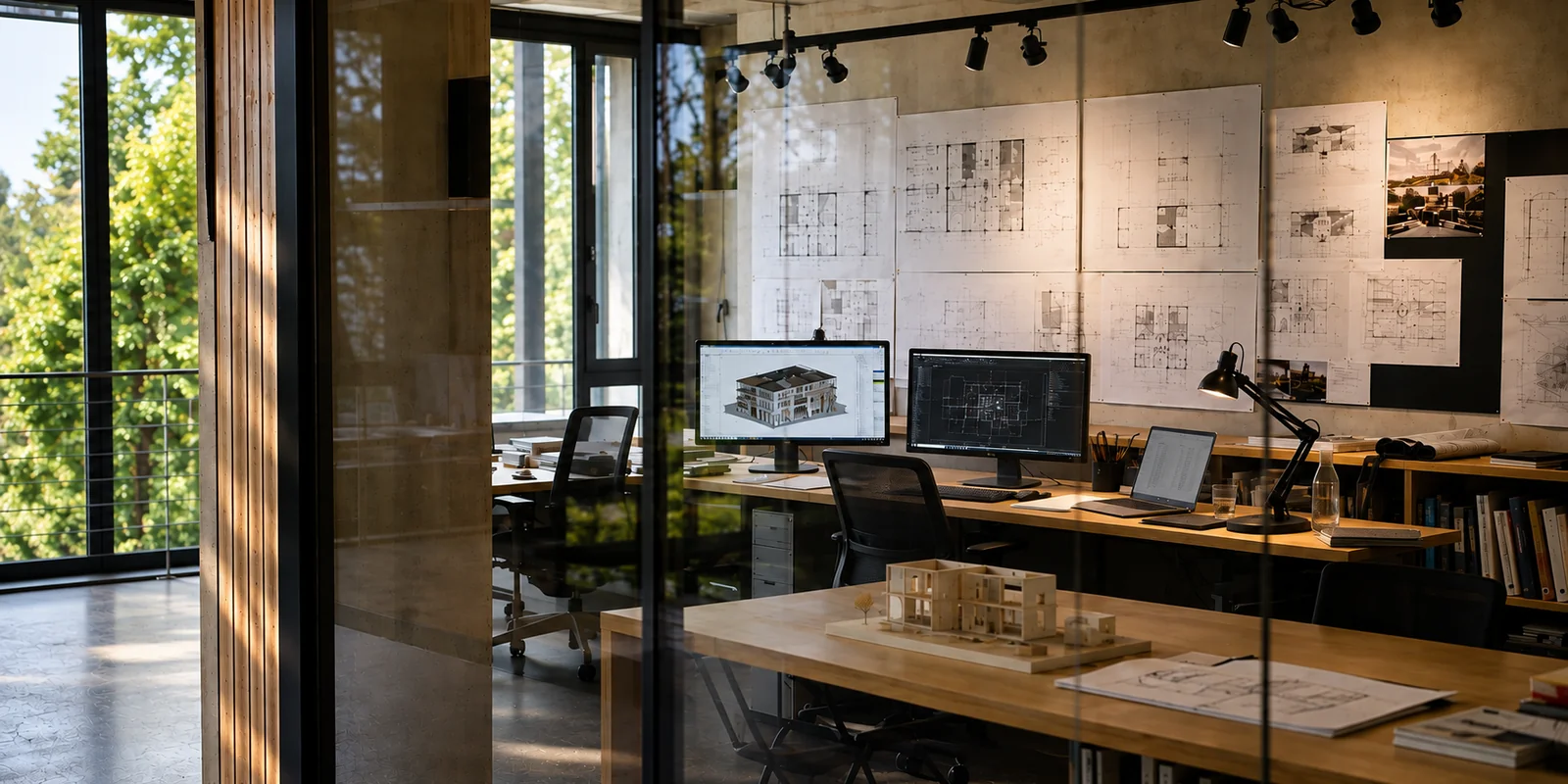 Arkitektkontor med BIM-modell på skärm och ritningar på väggen