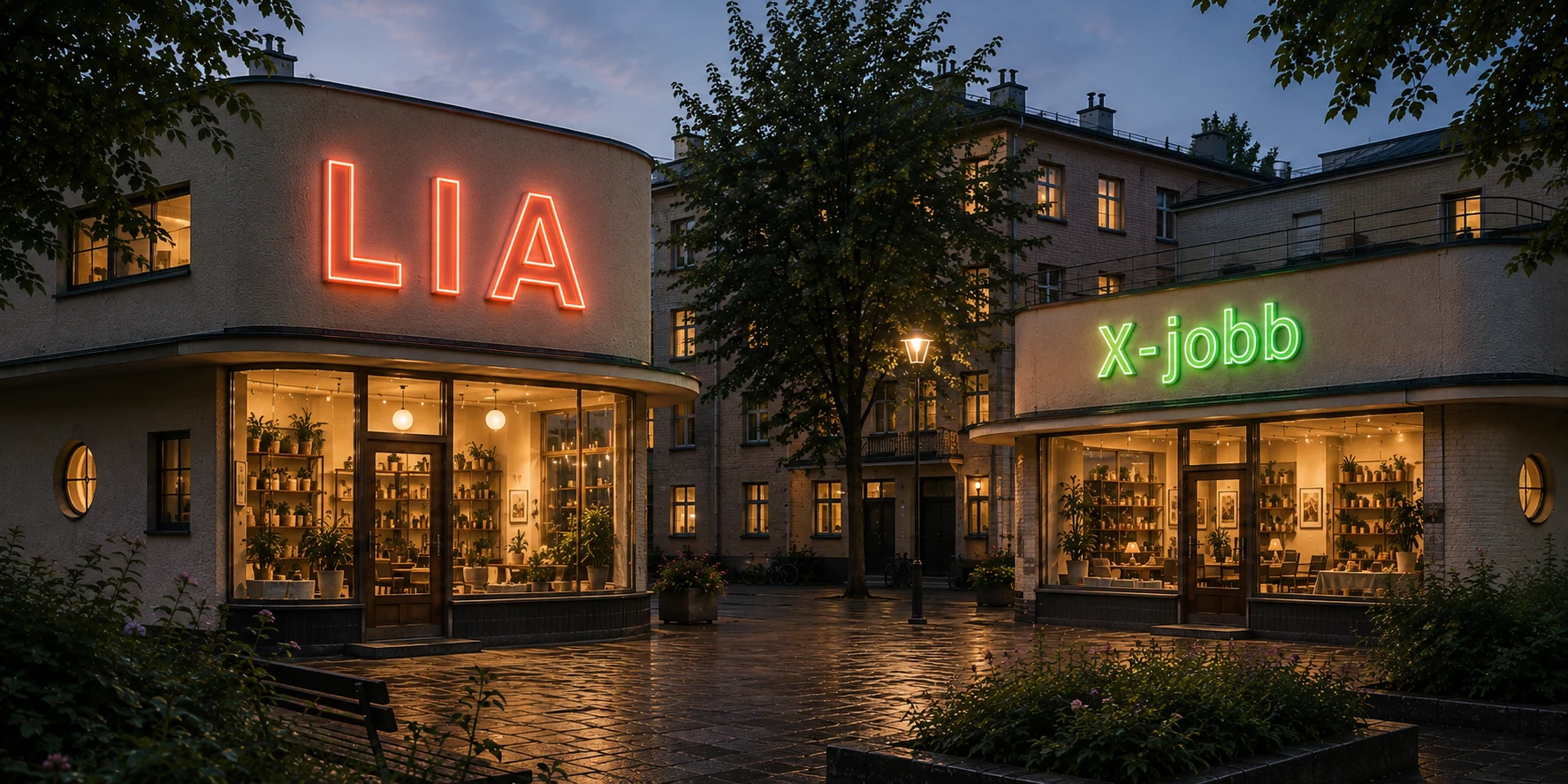 Upplysta skyltfönster med neonskyltarna LIA och X-jobb på ett litet torg i skymning