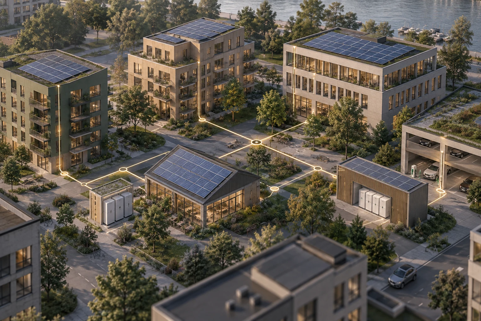 Illustration av ett lokalt energisystem med sammankopplade fastigheter, solceller och batterilager