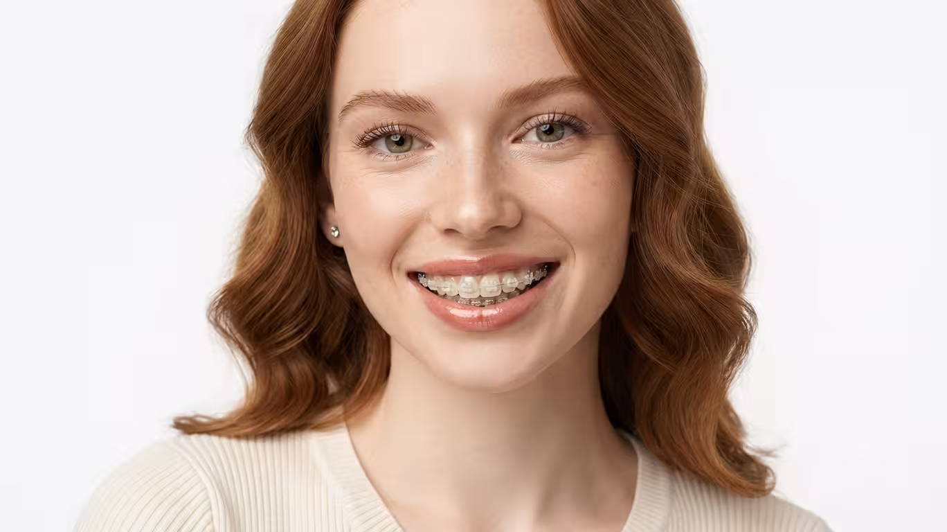 Adult patient smiling and pointing at her metal braces.