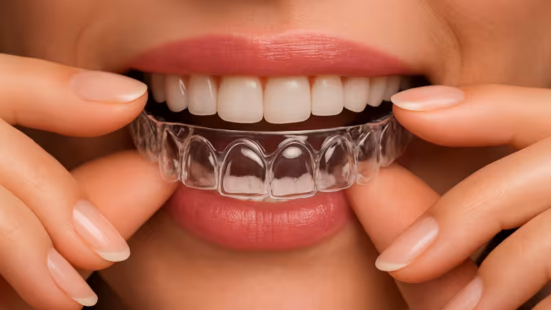 Person placing a clear Invisalign aligner over their upper teeth with manicured fingers.
