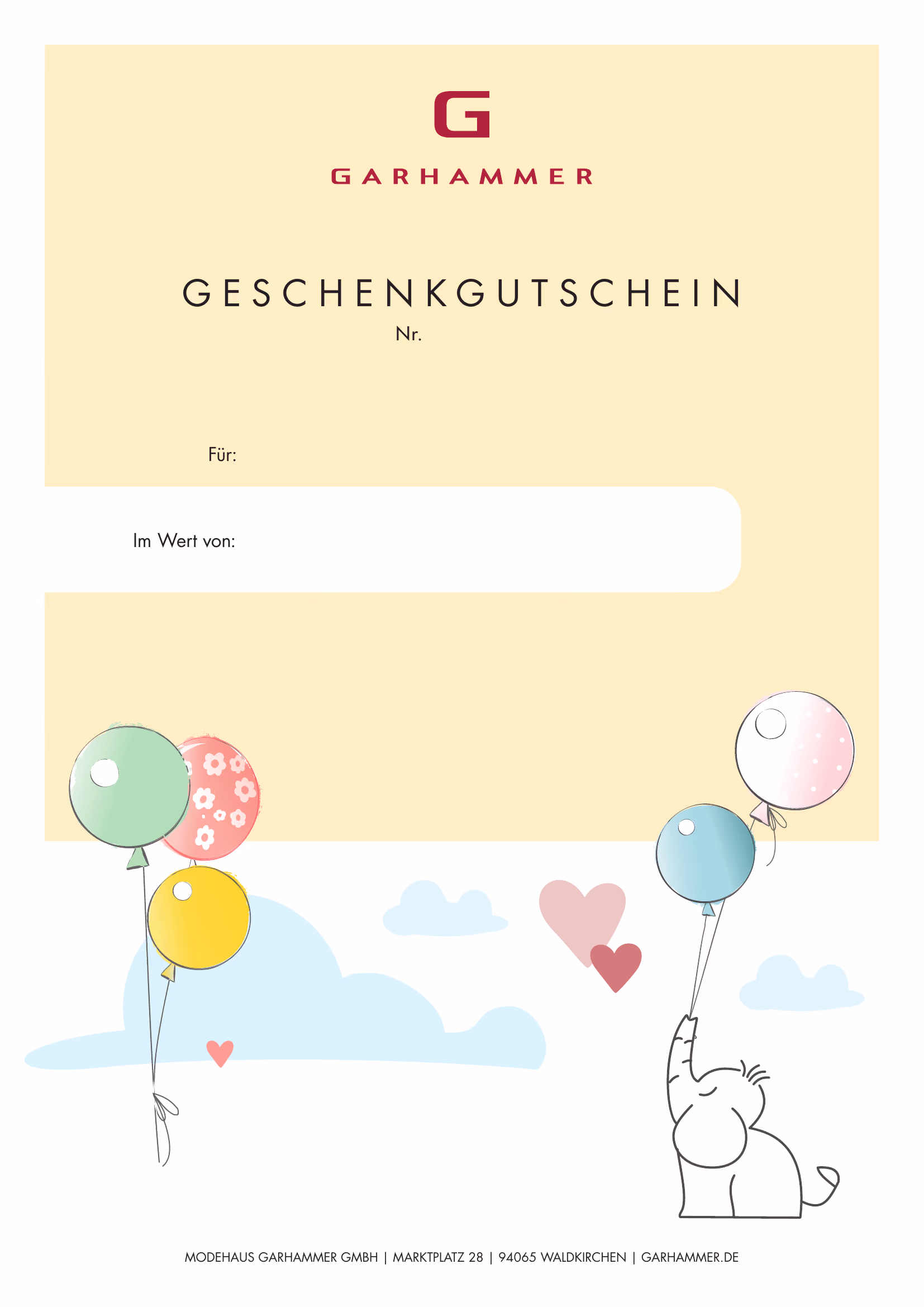 Gutscheinmotiv Kinder: GARHAMMER Geschenkgutschein mit Luftballons und Elefant