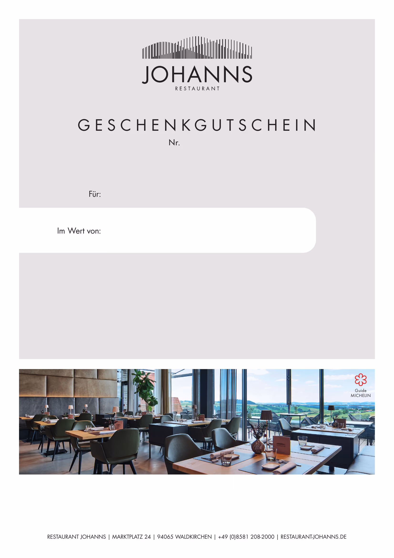 Gutscheinmotiv Restaurant JOHANNS: Geschenkgutschein mit Blick in den Gastraum