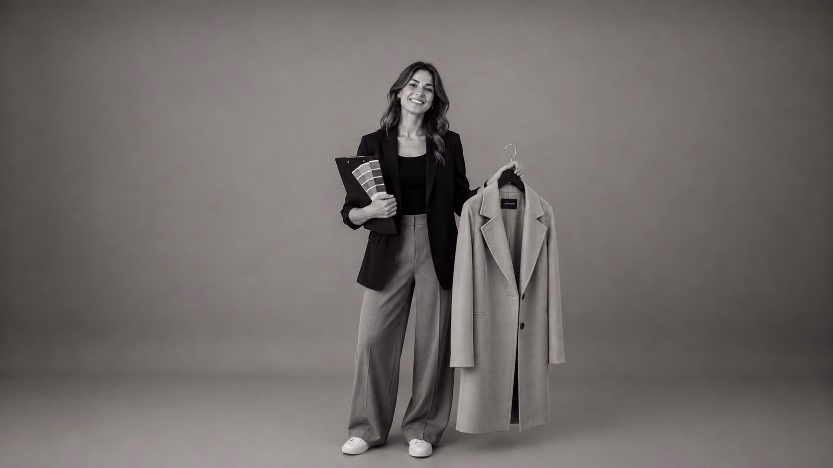 Person mit Stoffmustern und einem Mantel am Bügel – Stellenangebot visuelles Marketing bei GARHAMMER