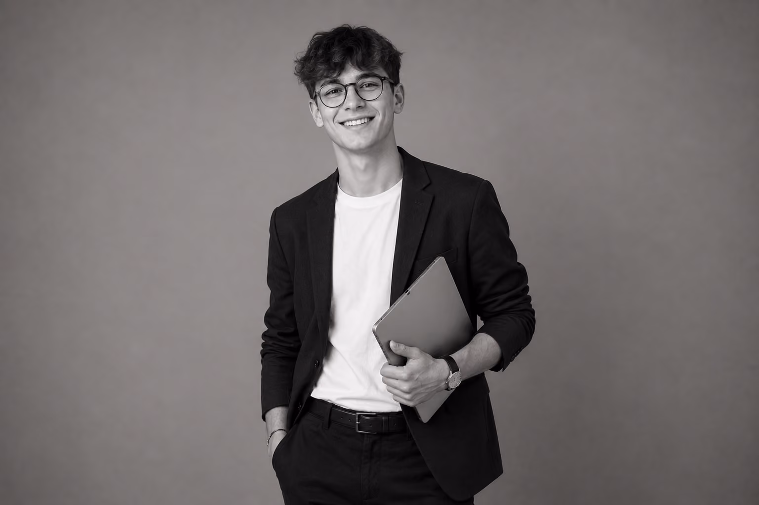Lächelnde Person mit Brille und Tablet – Ausbildung Handelsfachwirt bei GARHAMMER