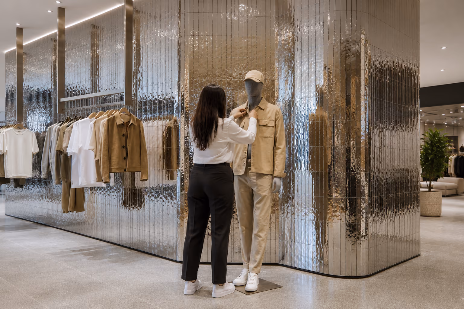 Person dekoriert eine Schaufensterpuppe vor einer Spiegelwand