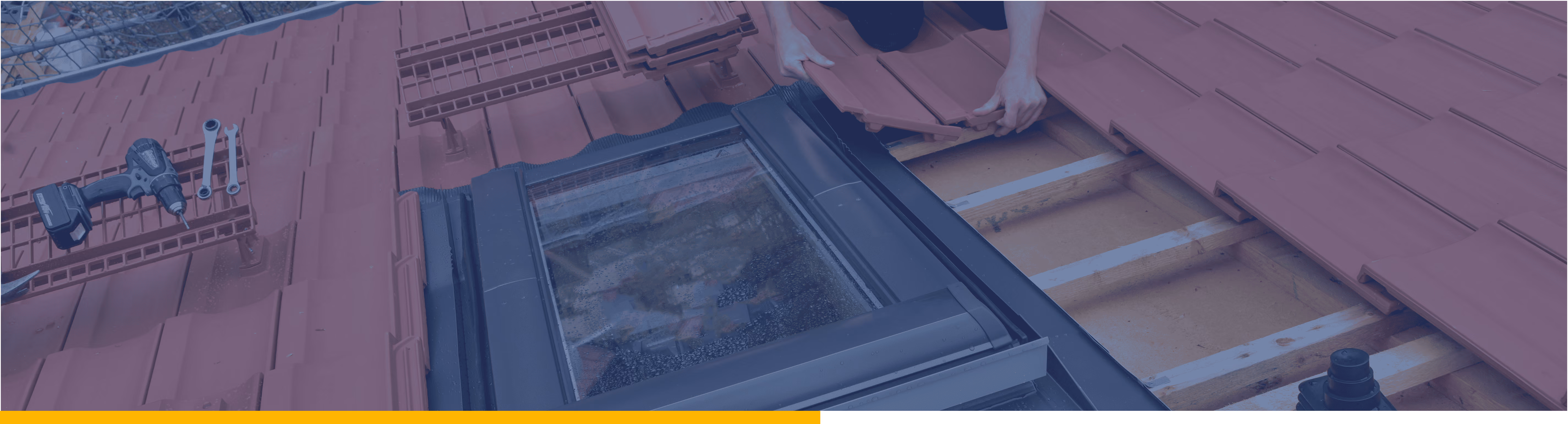 Person installs red roof tiles around a skylight window using tools on the roof.