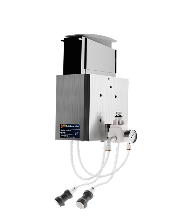 Stazione inchiostro bulk modello bulk500 con manometro e tubi esterni per flusso inchiostro.