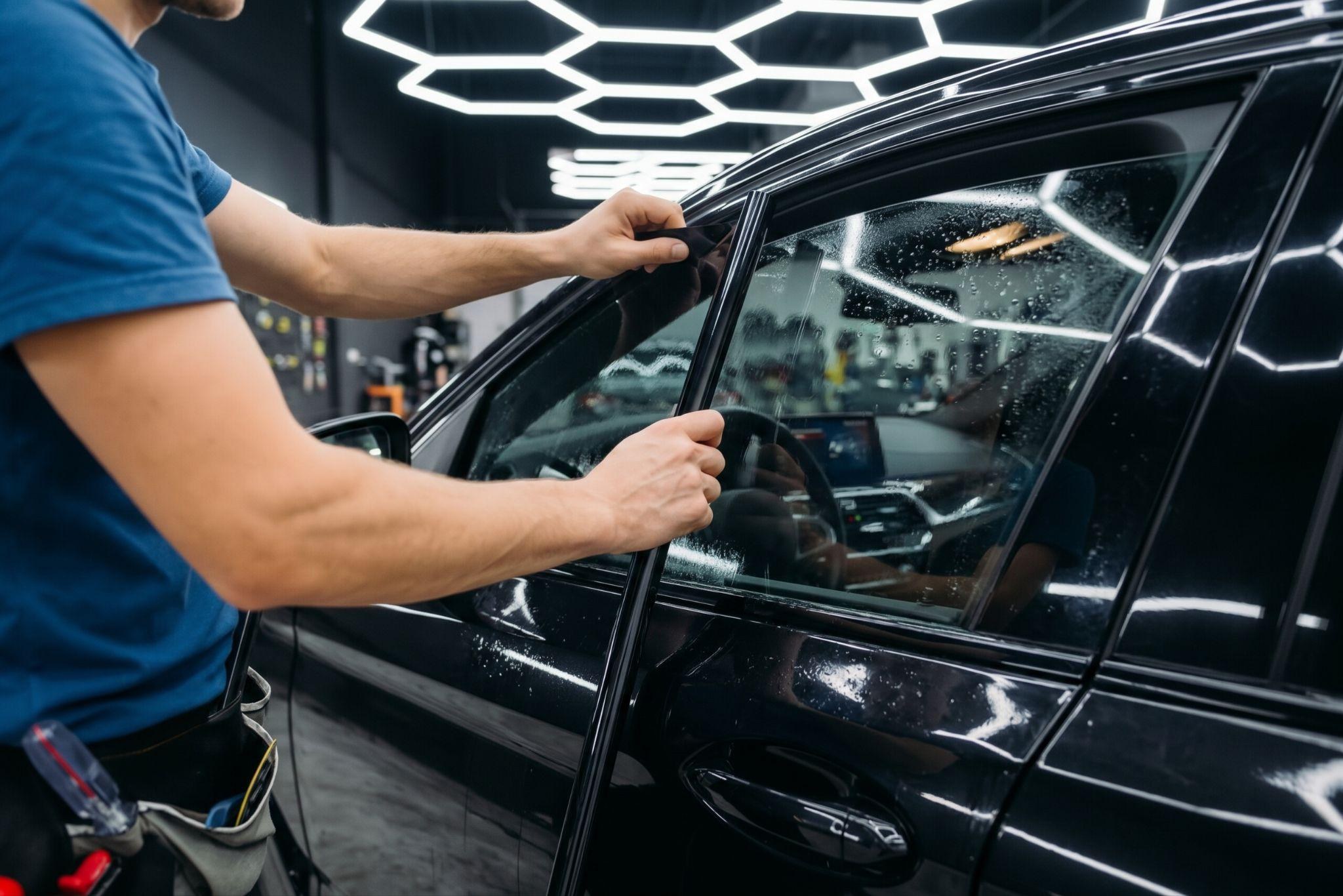 Installer applying window tint to a black sedan