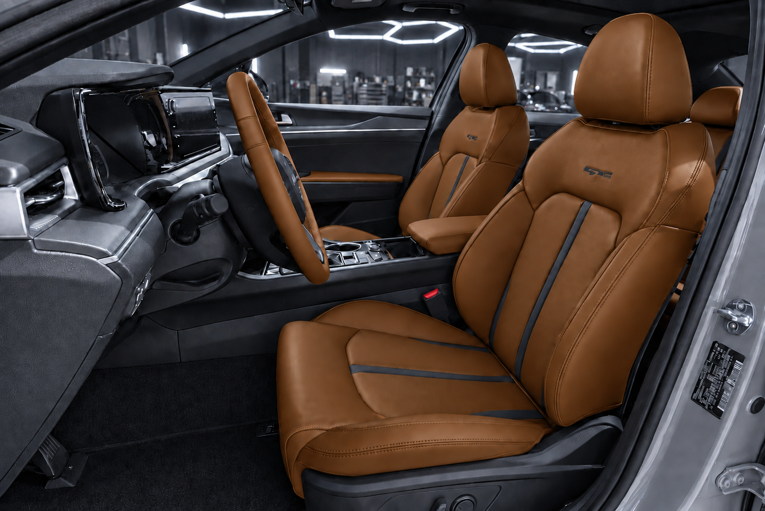 Kia K5 front seats reupholstered in Peanut Butter