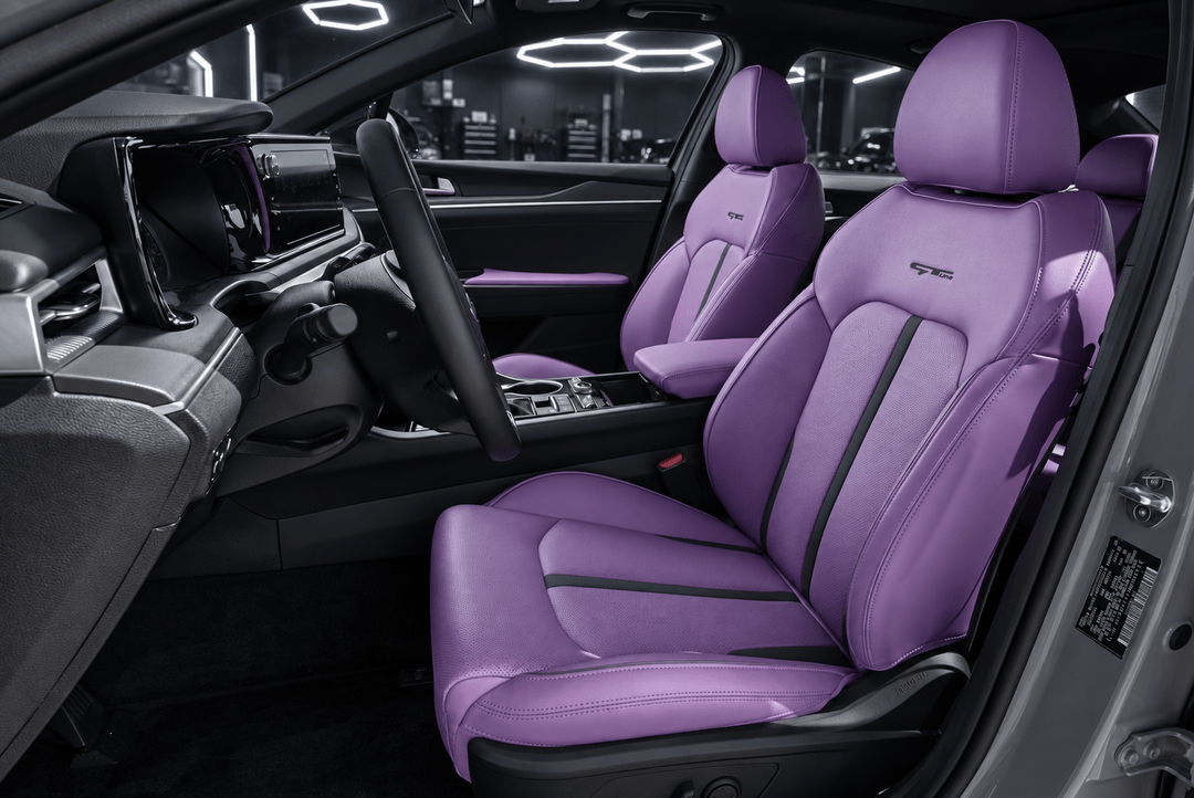Kia K5 front seats reupholstered in Lavender
