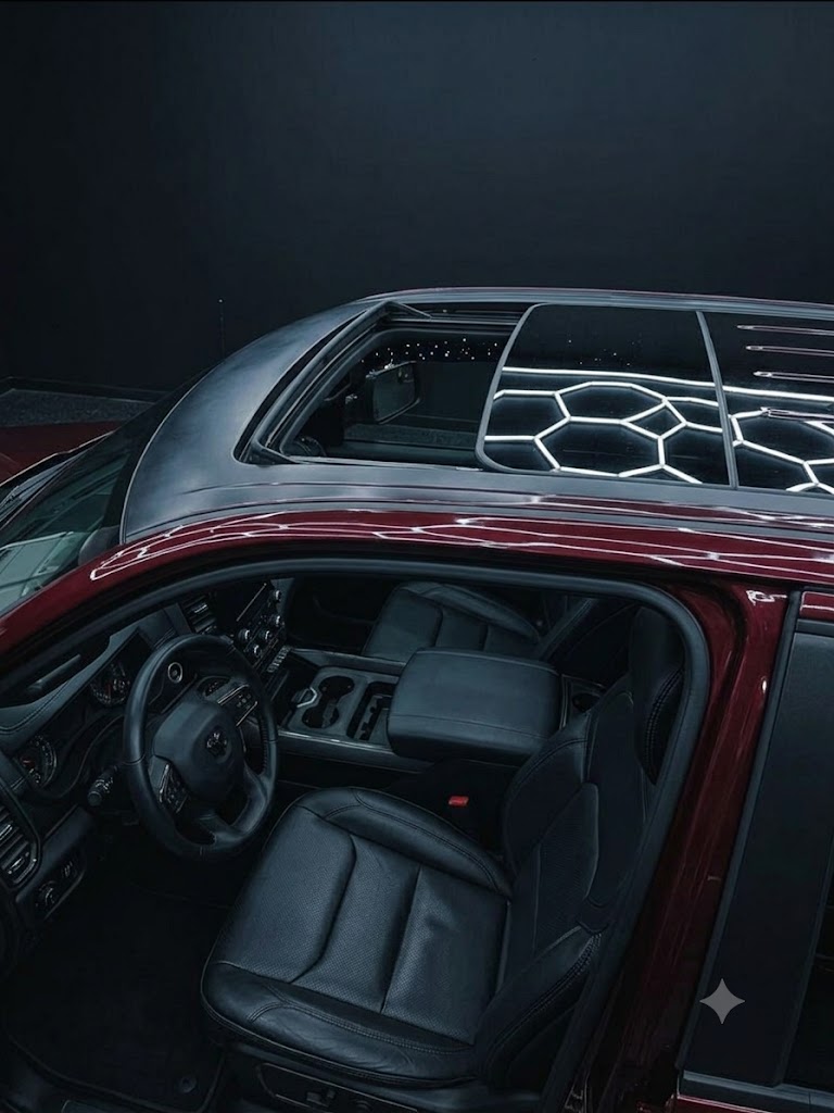 Custom black leather cabin with panoramic sunroof