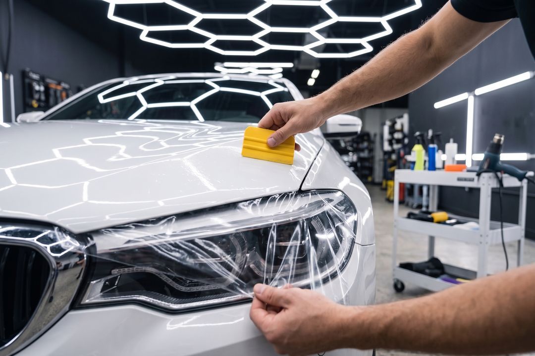 Installer applying clear paint protection film to a headlight