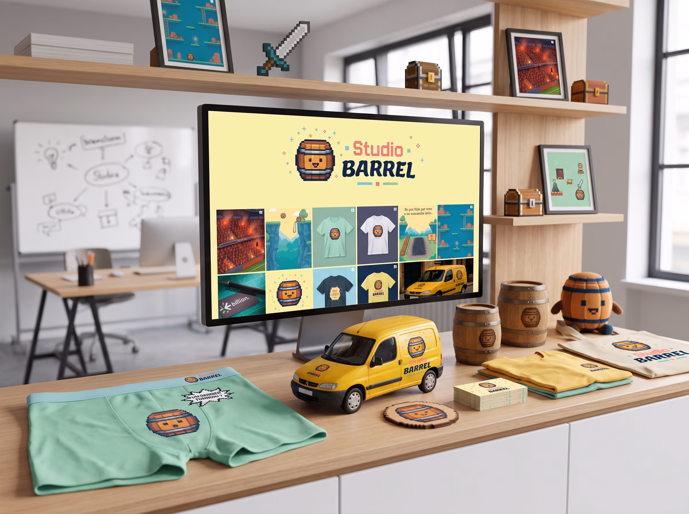 Desk with Studio Barrel branded items: computer screen, toy van, shirts, barrels, framed pixel art in office.