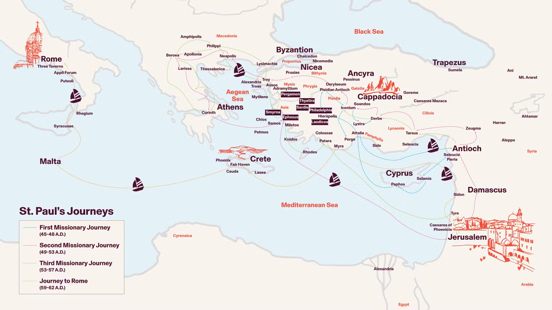 Route map of In the Footsteps of Saint Paul: Istanbul, Antioch, Tarsus, Cappadocia, Konya, Antalya, Pamukkale, Ephesus, Pergamum and Assos