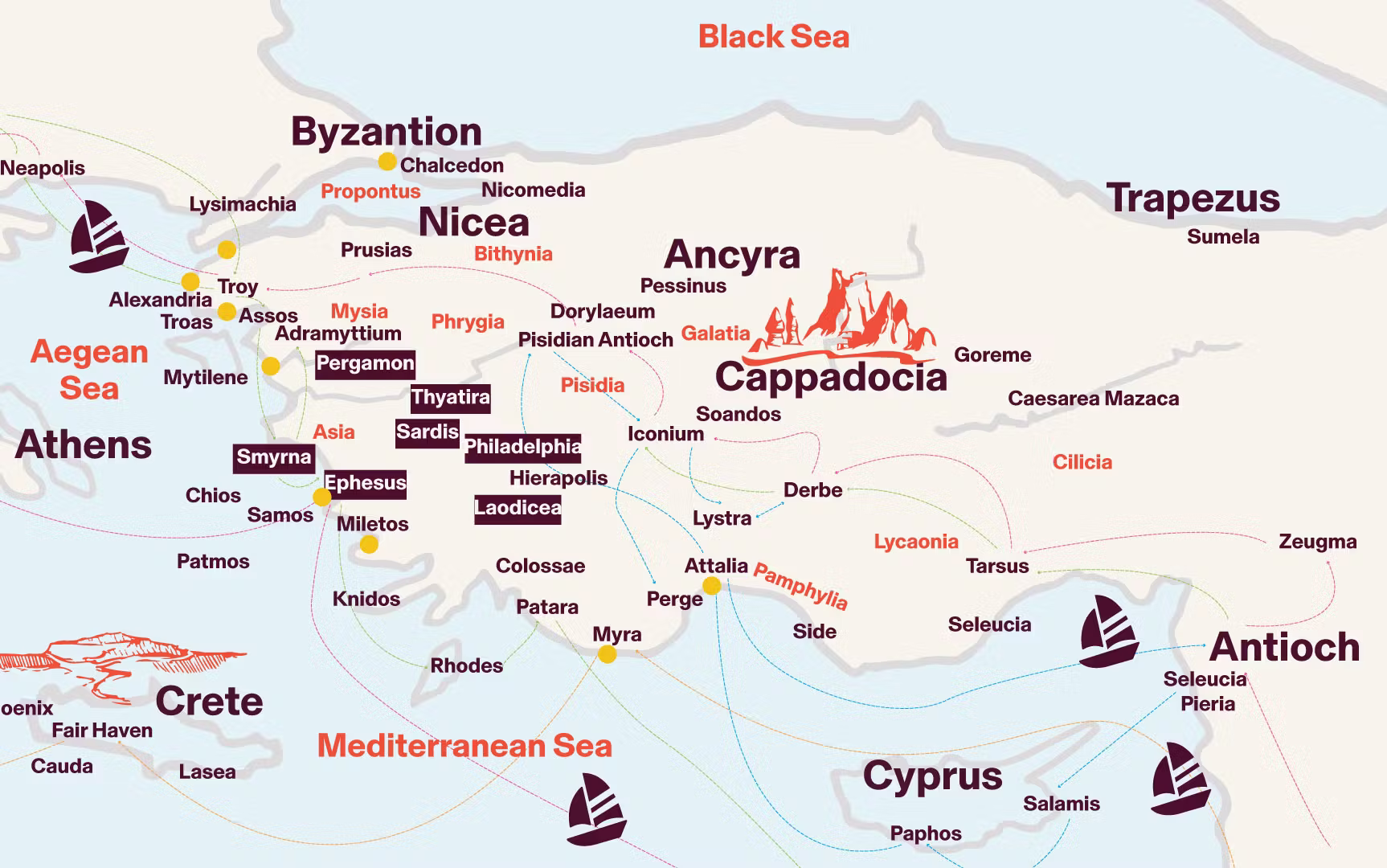 Route map of The Ports of Saint Paul: Istanbul, Troy, Alexandria Troas, Assos, Pergamum, Ephesus, Miletus, Aphrodisias, Pamukkale and Antalya
