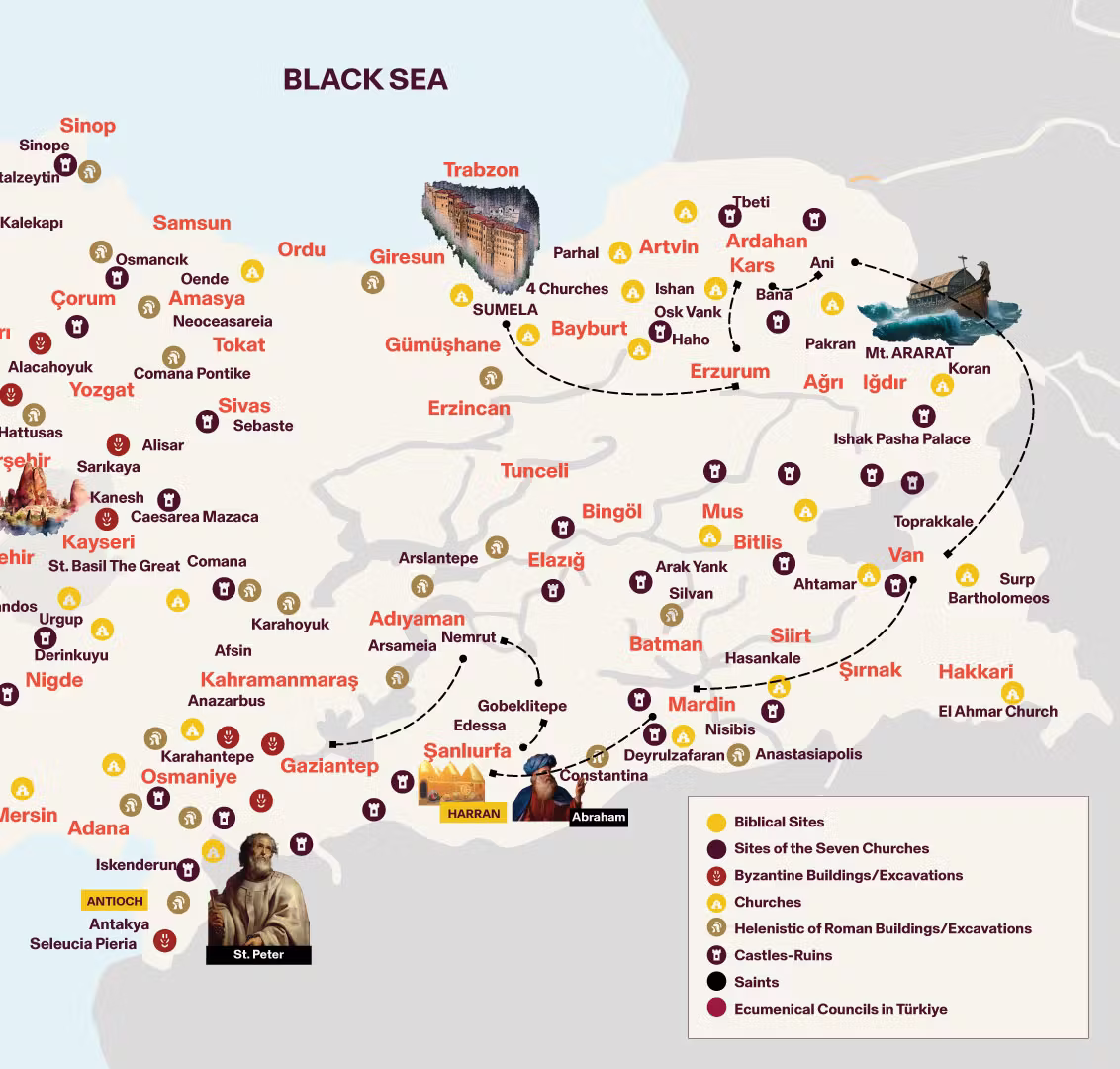 Route map of From Mesopotamia to the Black Sea: Gaziantep, Nemrut, Göbekli Tepe, Şanlıurfa, Mardin, Hasankeyf, Van, Ani, Kars, Erzurum and Trabzon
