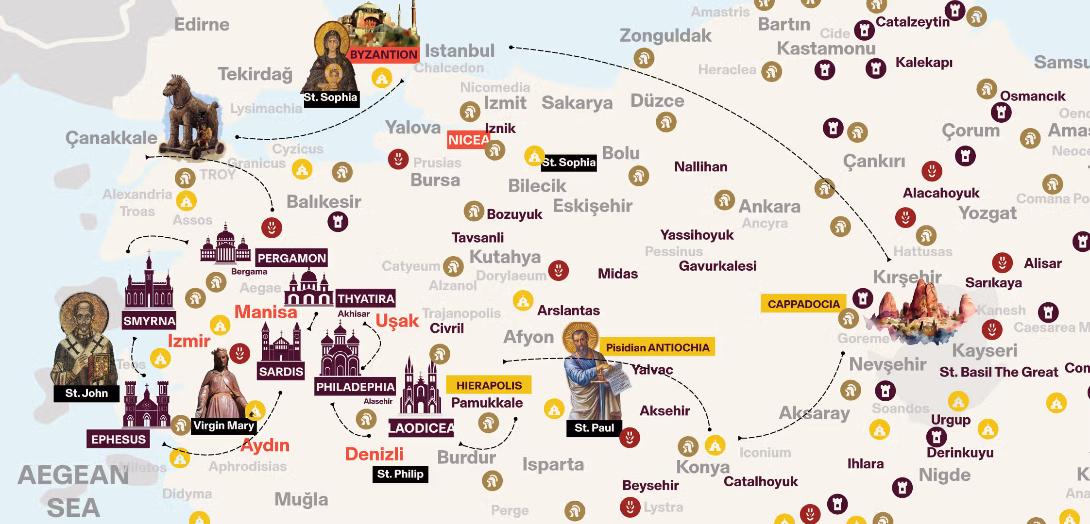 Route map of The Seven Churches of Revelation: Istanbul, Gallipoli, Troy, Pergamum, Thyatira, Smyrna, Ephesus, Sardis, Philadelphia, Laodicea and Cappadocia