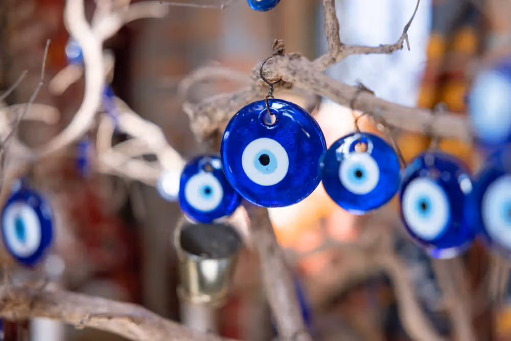 Evil eye beads hanging in Ayvalık