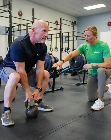 Coach guides a man through a kettlebell deadlift during a beginner CrossFit workout.