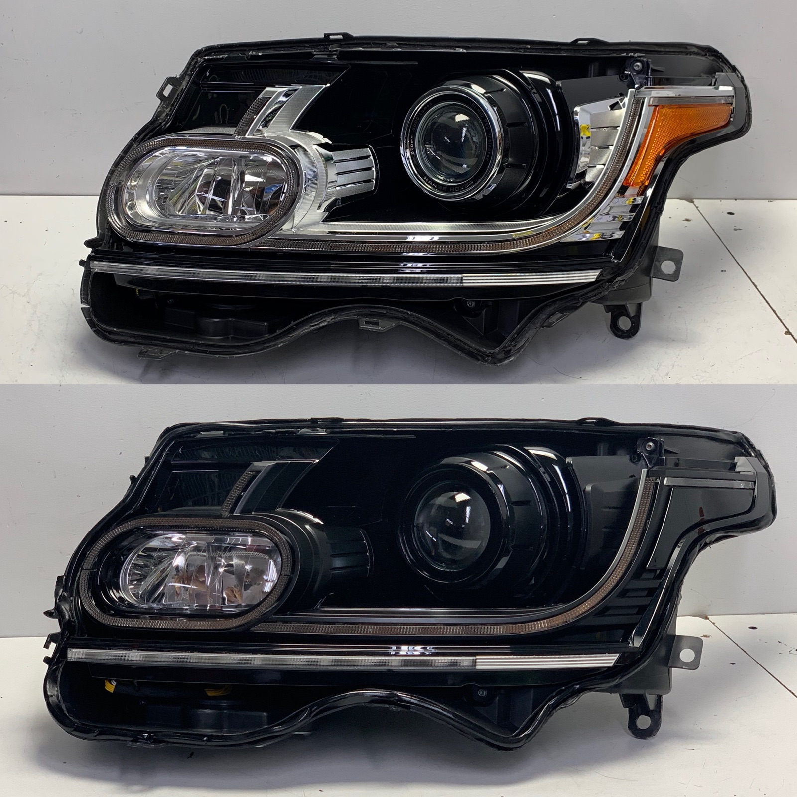Blacked-out headlight interior with chrome and orange reflector painted black by ONEighty
