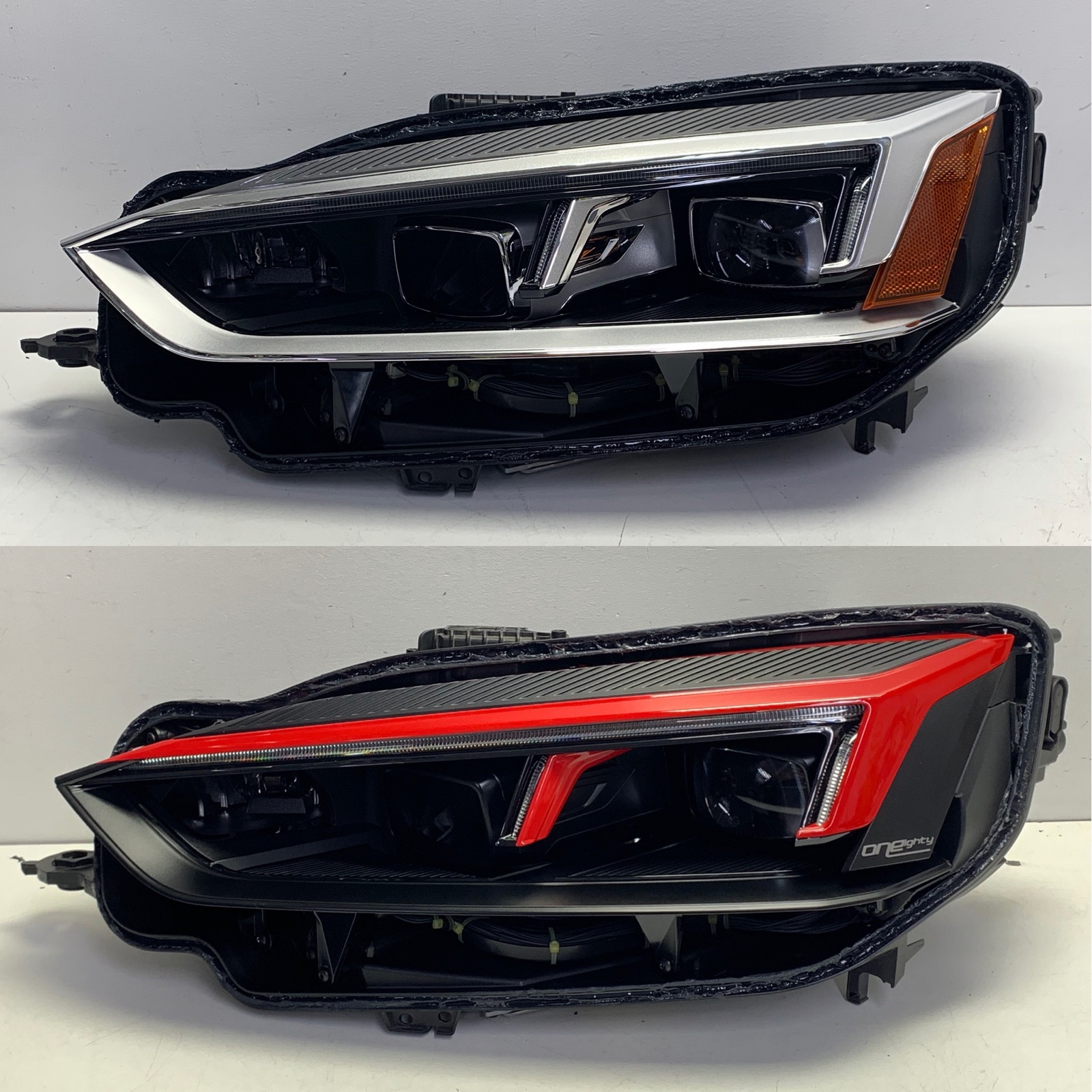Custom painted headlight accents color-matched to the vehicle