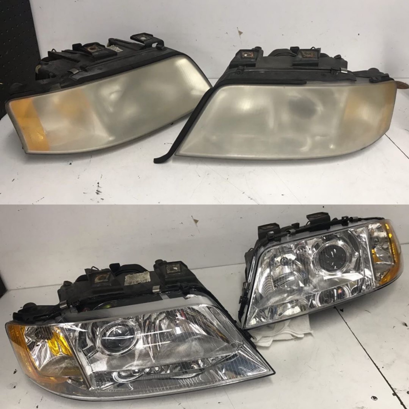 Headlight outer lens restored from yellowed and hazy to clear