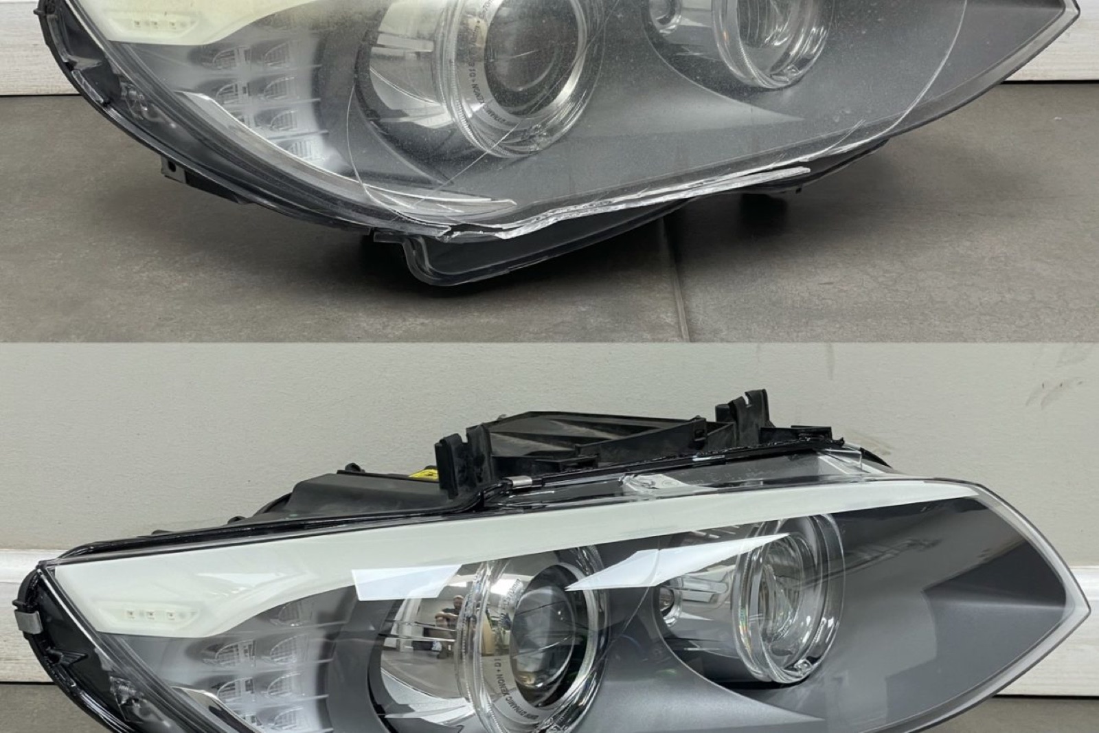 Replacement outer lens fitted to an original headlight housing