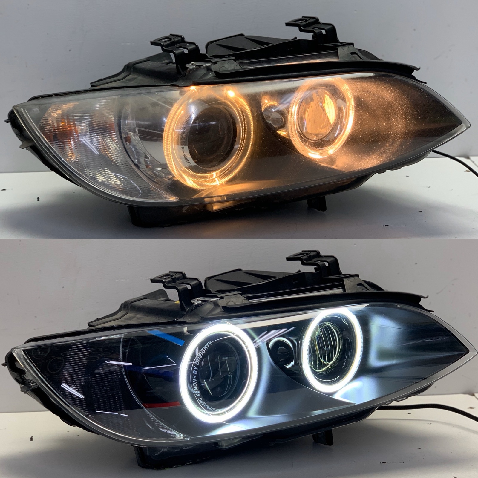 ONEighty ORB LED rings glowing white inside a custom headlight