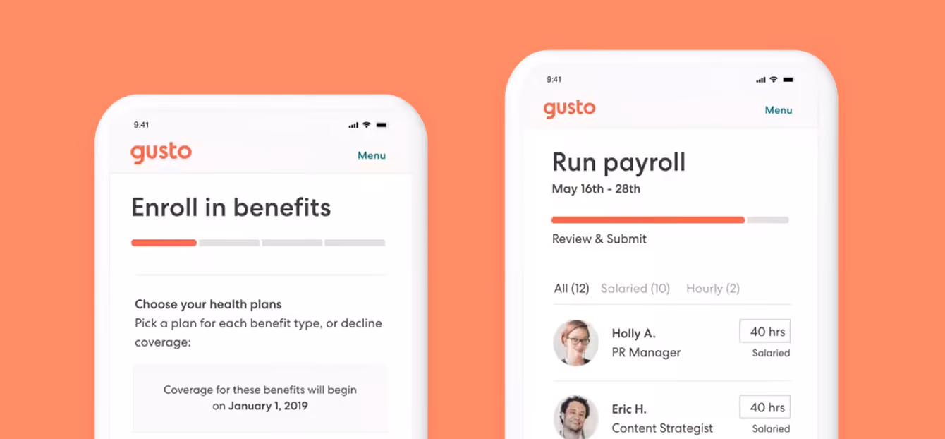 Two phone screens showing Gusto's mobile app