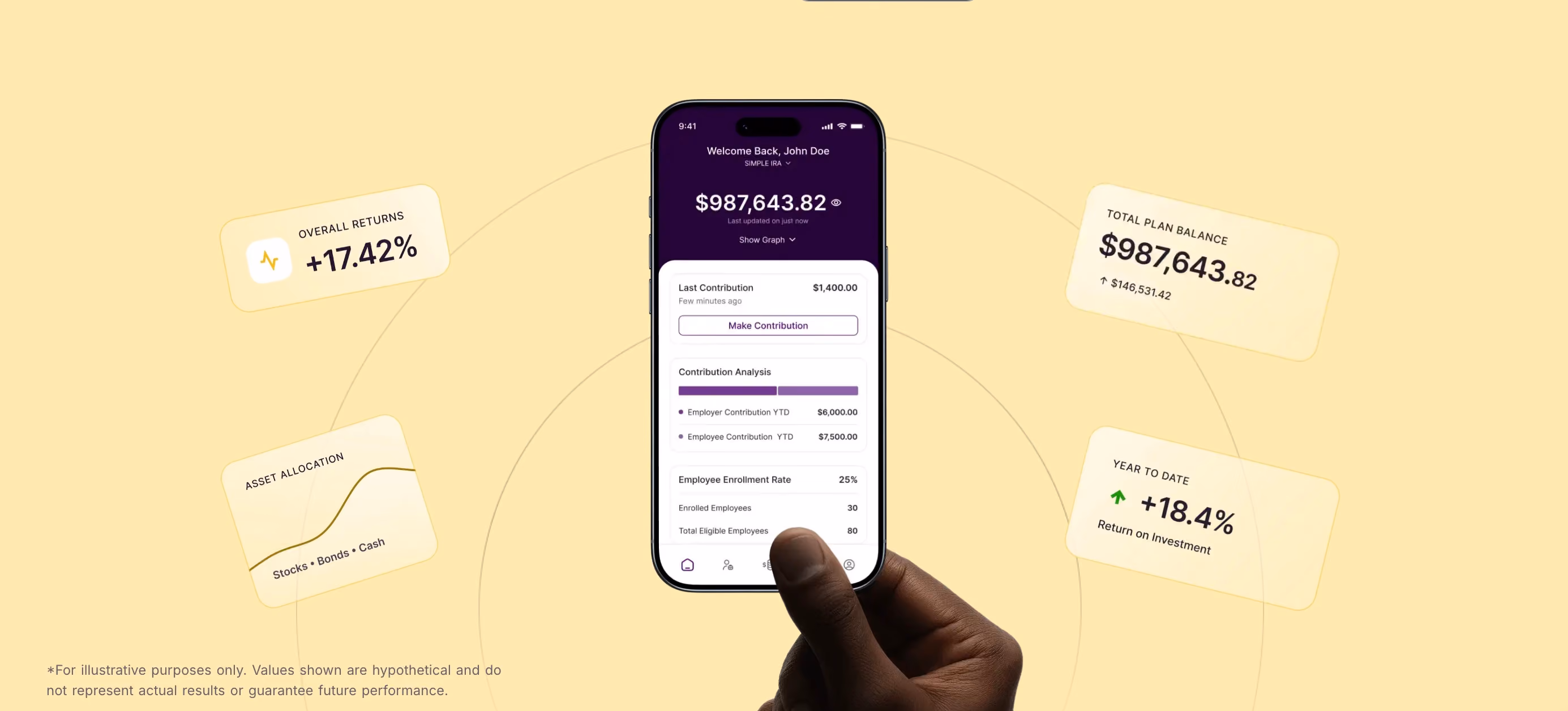 A hand holding a phone showing Wealth Rabbit's mobile app