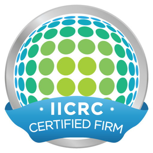Circular logo with green and blue dots and a blue banner reading IICRC Certified Firm.