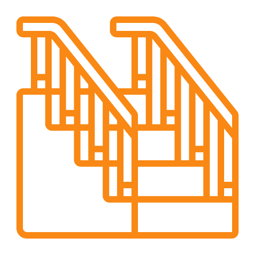 Orange line drawing of a staircase with railings, shown from a side view.