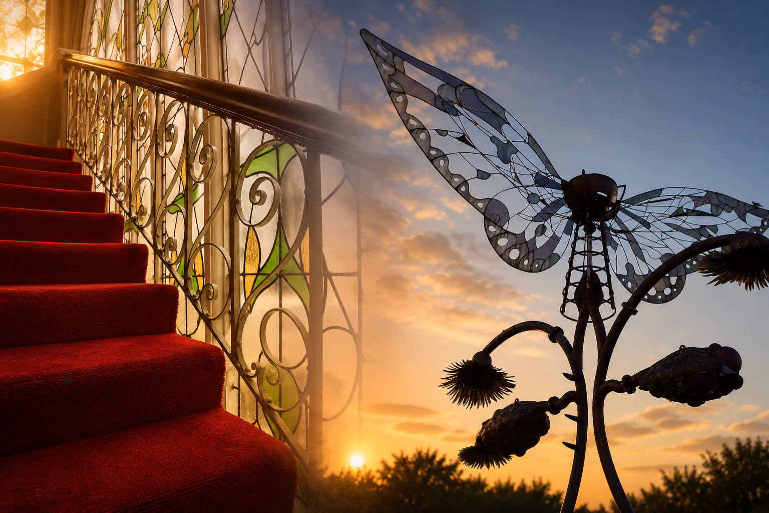 Red carpeted stairs with decorative railing; metal sculpture of butterfly and flowers at sunset.