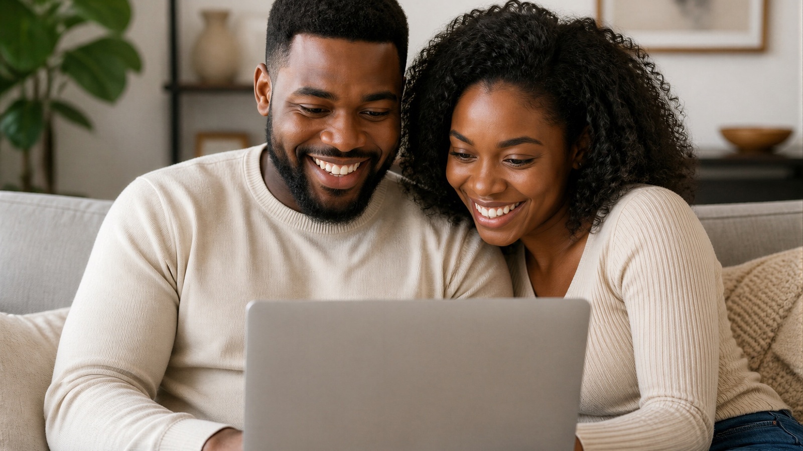 A couple going through paperwork on a laptop at home