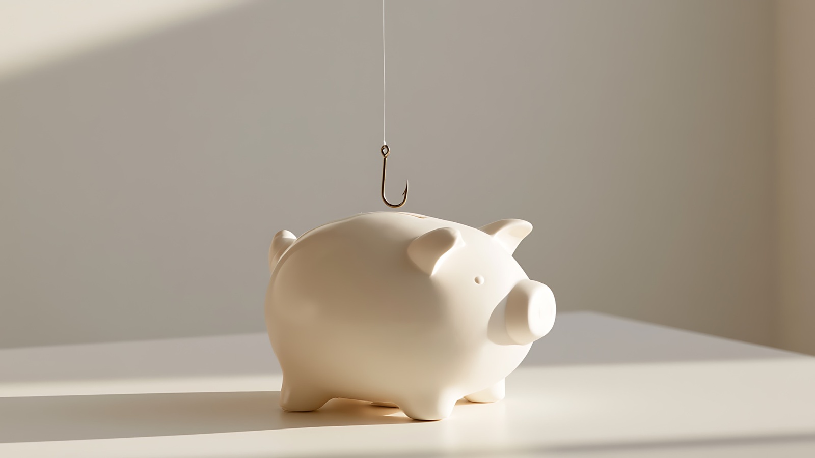 A fishing hook dangling above a white piggy bank