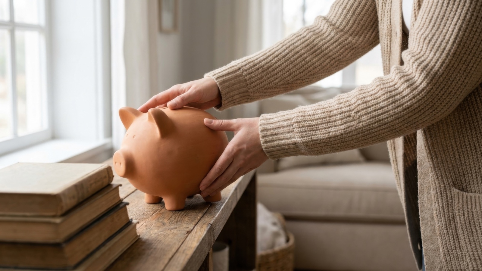 A woman placing a terracotta piggy bank on a table at home