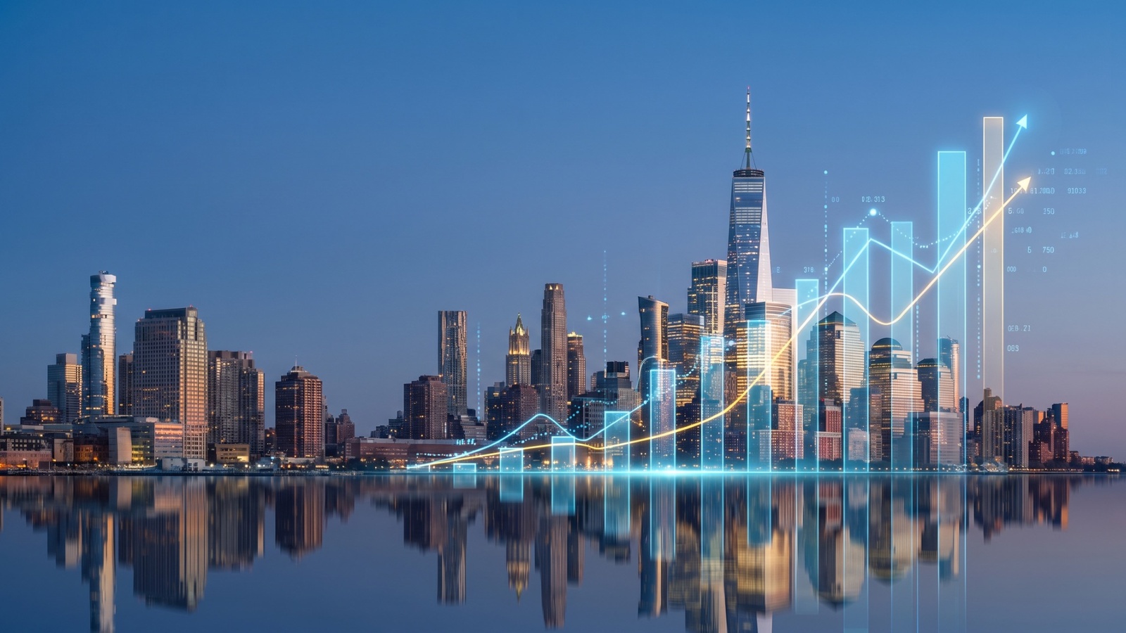 Financial charts drawn in light over a skyline at blue hour