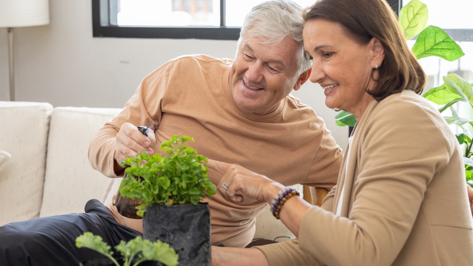 An older couple sitting together at home, potting herbs and talking