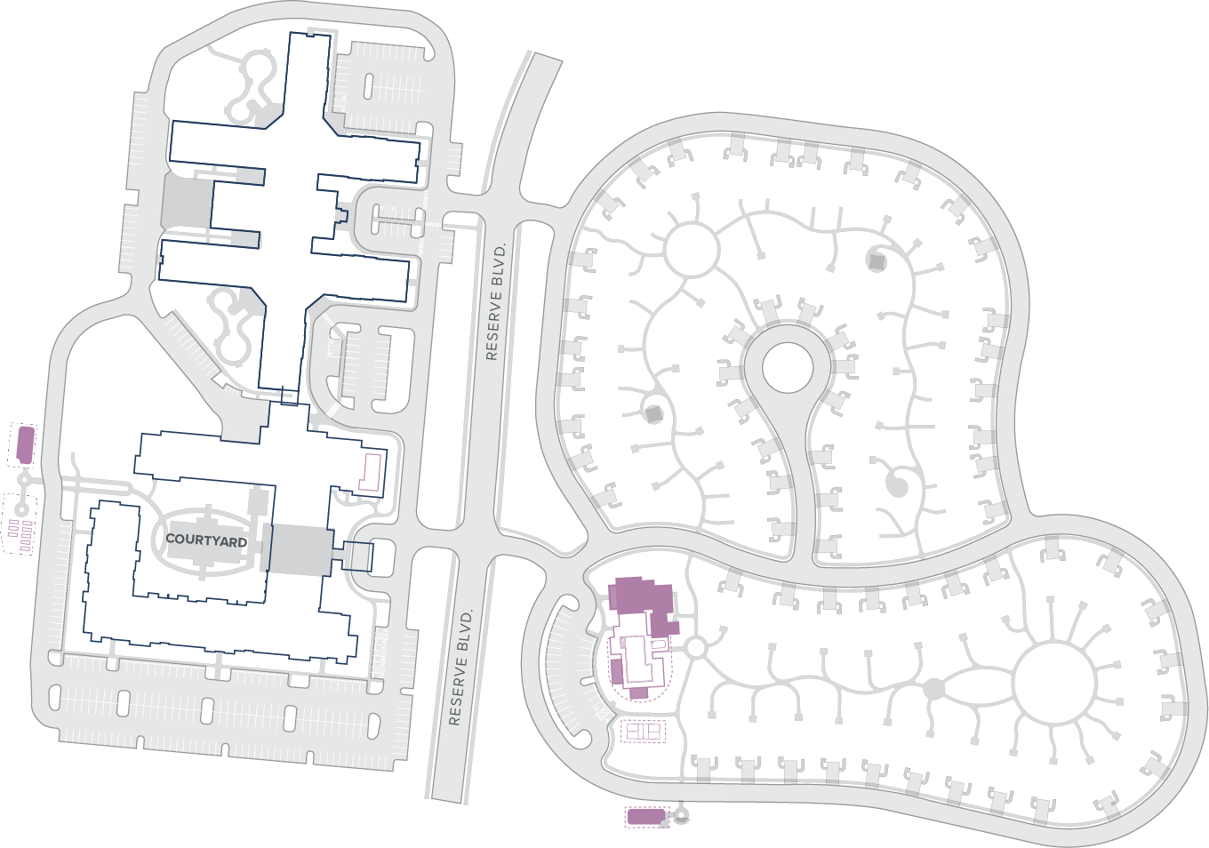 Campus map showing buildings, parking lots, roads labeled Reserve Blvd, and a courtyard area.