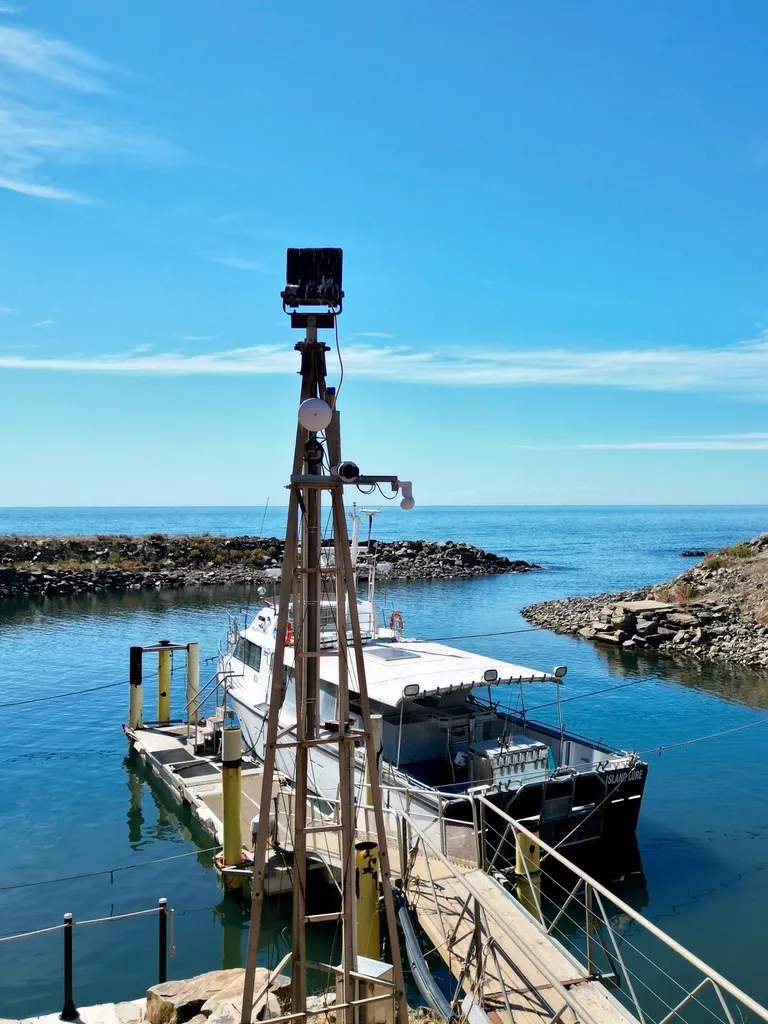 Communications mast installation equipment overlooking a coastal worksite.